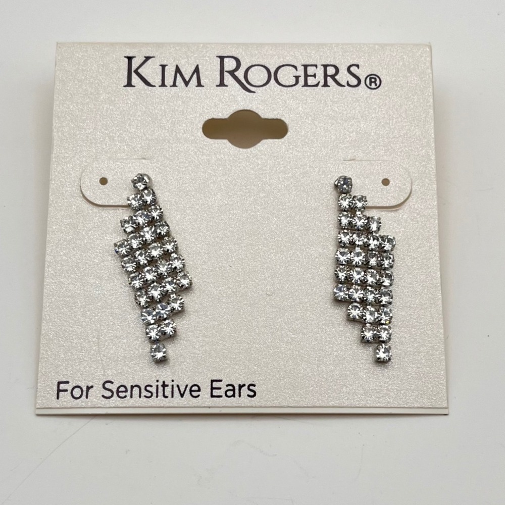 Kim‎ Rogers Silver Tone Rhinestone Cascade Dangle Drop Earrings Sensitive Ears